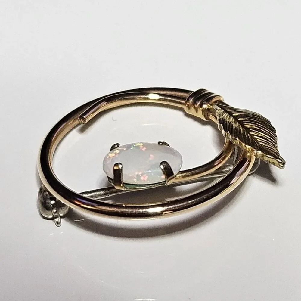 Vintage Krementz Circle Leaf 14K Gold Filled Real Fire Opal Small Brooch Pin
